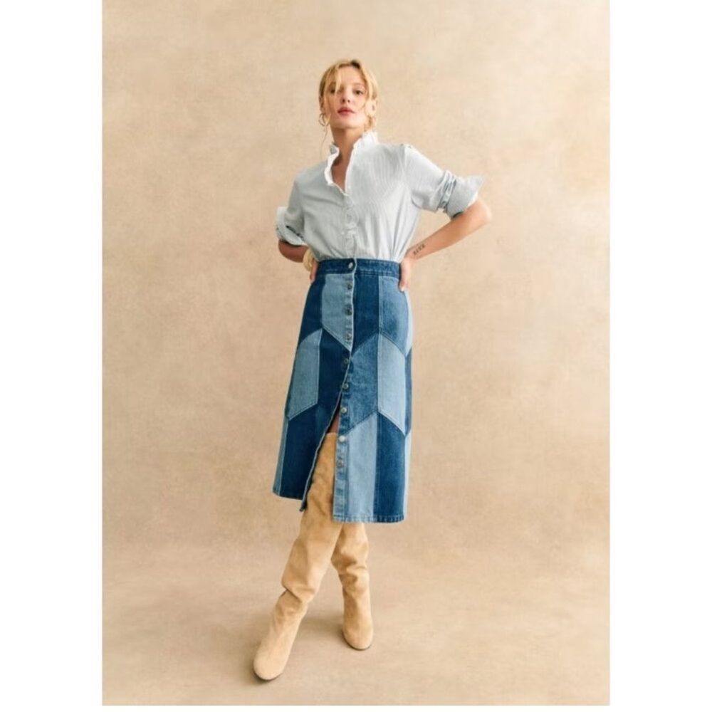 Sezane Alexane Patchwork Denim Midi Skirt Size 14